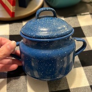 Vintage Blue and White Speckled Enamelware Sugar Bowl